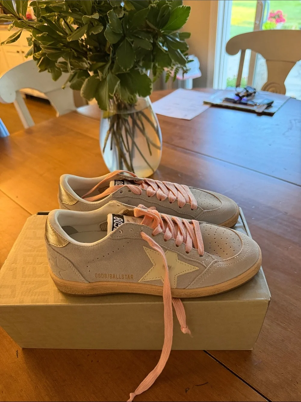 Golden Goose Beige Suede Sneakers with Pink Laces